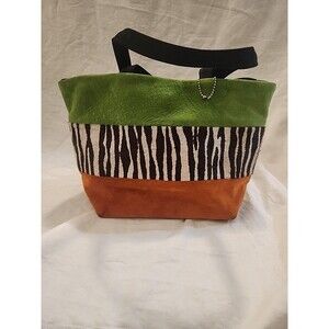 Tricolor Tote Handbag – Green, Zebra Print & Orange Suede Style – Safari Animal